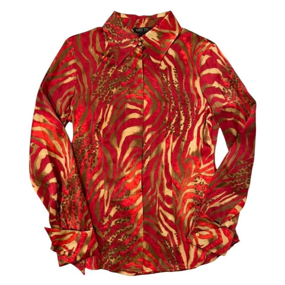 Miss Tina red silk blouse with zebra print and leopard print details